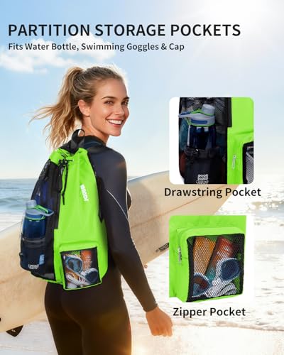 WANDF Mesh Swim Bag, Drawstring Beach Backpack - color: Green, size: Large