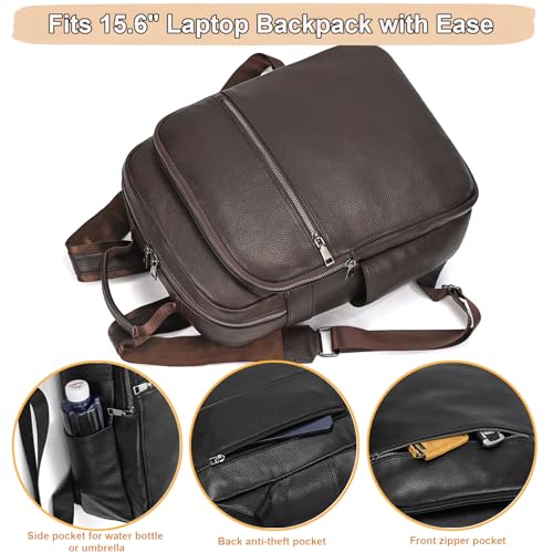 Genuine Leather 15.6 Inch Laptop Backpack for Men & Women, Business Commute Bag Daypack with Multi-Pockets for Travel Outdoor, Coffee Brown - color: Y80-17y-coffee