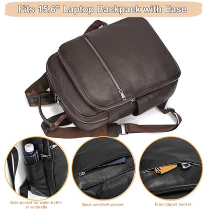 Genuine Leather 15.6 Inch Laptop Backpack for Men & Women, Business Commute Bag Daypack with Multi-Pockets for Travel Outdoor, Coffee Brown - color: Y80-17y-coffee