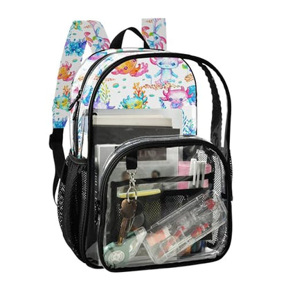 Watercolor Cute Axolotl Clear Backpack PVC Transparent School Backpack Lightweight Student Book Bags Capacity Clear Bag - color: Wishy-washy Blue