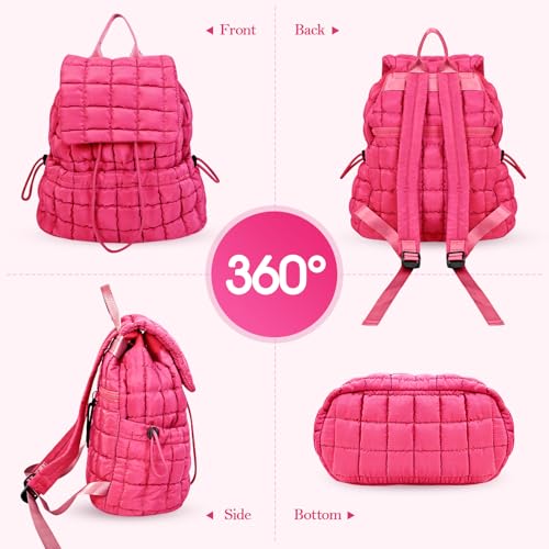 Quilted Puffer Backpack for Women Lightweight Soft Puffy Backpack Purse Casual Daily Drawstring Flap Daypack (Rose Red) - color: Rose Red