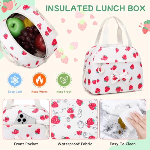 Girls Backpack, School Backpack for Girls, Cute Bow Kids Bookbag for Grils Children Teens for Elementary Middle High School Student, Back To School, White Strawberry 3pcs - color: White Strawberry-3pcs