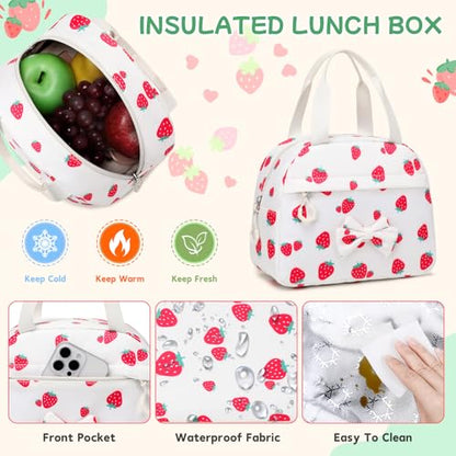 Girls Backpack, School Backpack for Girls, Cute Bow Kids Bookbag for Grils Children Teens for Elementary Middle High School Student, Back To School, White Strawberry 3pcs - color: White Strawberry-3pcs