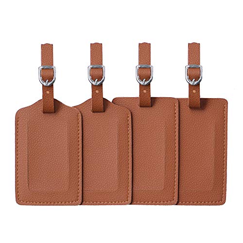 Vigorport Luggage Tag，Leather Identifiers Travel Tags for Suitcase,Bag Tags with Name Card Holder-Set of 4 - color: Brown