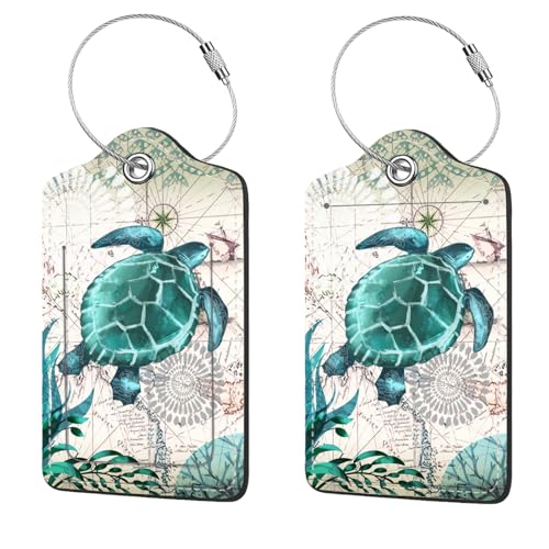 2 Pcs Luggage Tags for Suitcase, Cute Unique PU Leather Travel Bag Tag with Privacy Cover ID Label Address Card and Durable Metal Ring Suitable for Men Women Children Backpack, Turtles - color: Turtles