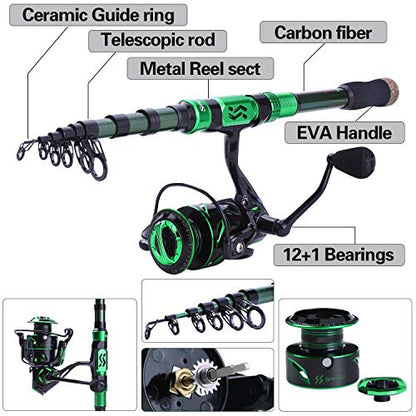 Sougayilang Fishing Rod and Reel Set Carbon Fiber Telescopic Fishing Rod 12+1BB Spinning Reel with Carry Case for Saltwater Freshwater - color: green, size: 7.87 ft - 3000