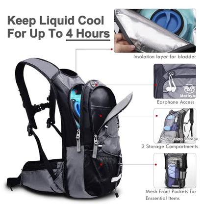 Mothybot Insulated Hydration Backpack Pack with 3L BPA Free Leak Proof Water Bladder, Large Storage Lightweight Hiking Daypack with Waist Pouches & Cooler Layer, for Running, Biking, Camping, Festival - color: Grey