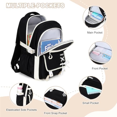 Scothen 3PCS Girls Backpack for School, Kids Backpack for Girls with Lunch Bag Pencil Case, Kids Bookbag Teen Backpacks for Elementary Middle High School - color: Black-white