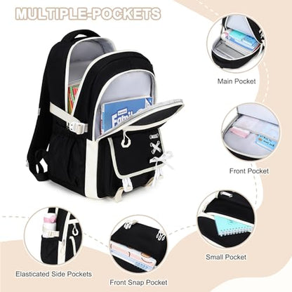 Scothen 3PCS Girls Backpack for School, Kids Backpack for Girls with Lunch Bag Pencil Case, Kids Bookbag Teen Backpacks for Elementary Middle High School - color: Black-white
