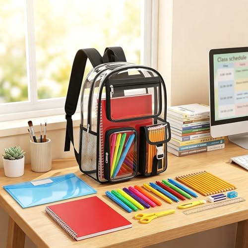 Amylove 29 Pcs Clear Backpacks with Study Supplies, 17in Transparent PVC Bag for Elementary, Intermediate, or High School, Stadium Approved See Through Bookbag to Study Supplies for Students - size: 17in