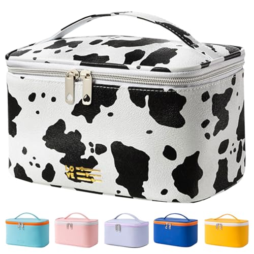 Meiyuuo Makeup Bag Large Cosmetic Bags for Women Girls Cute Travel Zipper Pouch Toiletry Organizer for Beauty Essentials Waterproof (Cow Print) - color: Print Cow Spots