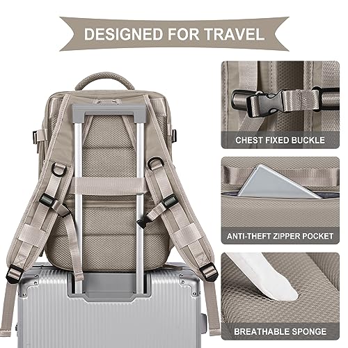 WONHOX Large Travel Backpack Women, Carry On Backpack, Hiking Backpack Waterproof Outdoor Sports Rucksack Casual Daypack with USB Charging Port Shoes Compartment, Grey Brown