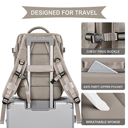 WONHOX Large Travel Backpack Women, Carry On Backpack, Hiking Backpack Waterproof Outdoor Sports Rucksack Casual Daypack with USB Charging Port Shoes Compartment, Grey Brown