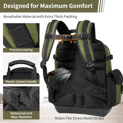 BLISSWILL Tool Bag Backpack for men,Heavy Duty Tool Backpack Bag with Waterproof Molded Base，62 Pockets/40 Loops Heavy Duty Tools Organizer Bags/Electrician/Industrial/Construction Work Backpack - color: Army green