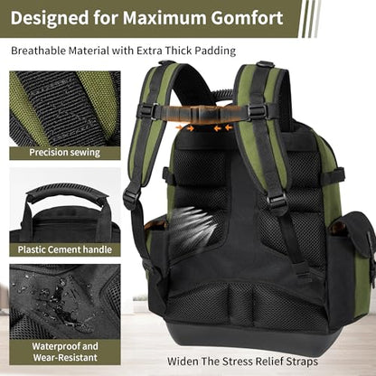 BLISSWILL Tool Bag Backpack for men,Heavy Duty Tool Backpack Bag with Waterproof Molded Base，62 Pockets/40 Loops Heavy Duty Tools Organizer Bags/Electrician/Industrial/Construction Work Backpack - color: Army green
