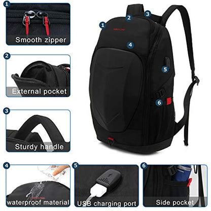 KINGSLONG 17 Inch Laptop Backpack with Hardshell, Armored Backpack with USB Port and Lightweight Rain Cover for Motorcycle Outdoor Racing Waterproof Rucksack Black
