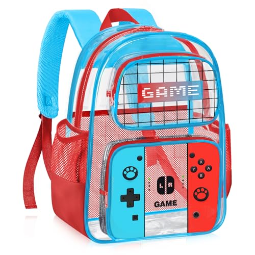 TILYTADLY Clear Backpack for Boys - Gamer Kids Clear Backpacks for School,Large Heavy Duty Transparent Bookbag for Boys and Girls,PVC Transparent Bookbag for Stadium Events See Through Bag - color: Red&blue - Backpack Only