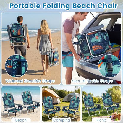 COSTWAY Portable Folding Backpack Beach Chairs Set of 2 with 5-Position Backrest, Padded Headrest, Cup Holder & Ice Bag for Lawn, Poolside (Palm Tree Green) - color: Palm Tree Green