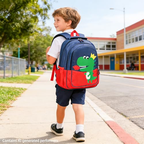 15 inch Primary School Kindergarten Schoolbag Leisure Cool Cute Cartoon Travel Backpack For Boys Girls Ages 6-10 Use - color: Dinosaur Red-2, size: Large
