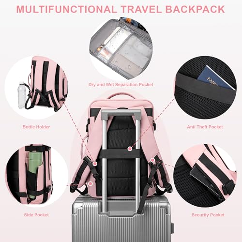 BAGOK Carry On Travel Backpack, Expandable Extra Large Airline Approved,Lightweight Daypack for Men and Women（Pink） - color: B-pink, size: Medium
