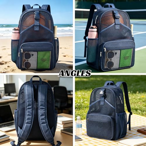 Metaverse Mesh Sports Backpack 20 Inch with Racket Holder for Men Women, Large Travel Gym Beach Backpack with Water Bottle Pockets - color: Navy