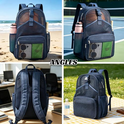 Metaverse Mesh Sports Backpack 20 Inch with Racket Holder for Men Women, Large Travel Gym Beach Backpack with Water Bottle Pockets - color: Navy