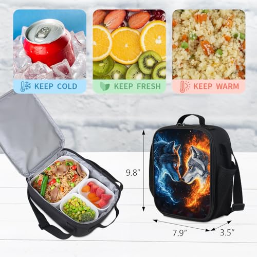 HiMagics Aesthetic School Backpack 3-in-1 Set for Kindergarten Teen Girls Boys - Laptop Bookbag with Insulated Lunch Box & Pencil Case Wolf Pattern - color: A04-wolf-set