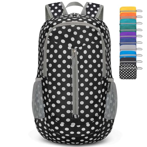 ZOMAKE Ultra Lightweight Packable Backpack 25L, Foldable Hiking Backpacks Water Resistant Small Folding Daypack for Travel(Black, White Polka Dot) - color: Black, White Polka Dot