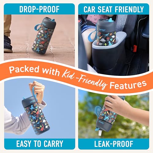 Bentgo Kids Water Bottle - Leak-Proof, Durable Tritan PFAS- & BPA-Free 15 fl oz, Kids/Toddlers Ages 3+ for School & Sports; Bite & Sip Spout, Carrying Handle, Dishwasher Safe (Dinosaur) - color: Dinosaur