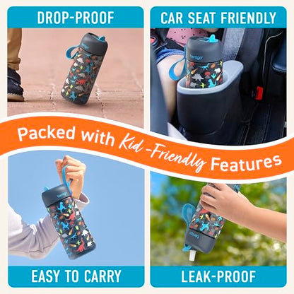Bentgo Kids Water Bottle - Leak-Proof, Durable Tritan PFAS- & BPA-Free 15 fl oz, Kids/Toddlers Ages 3+ for School & Sports; Bite & Sip Spout, Carrying Handle, Dishwasher Safe (Dinosaur) - color: Dinosaur