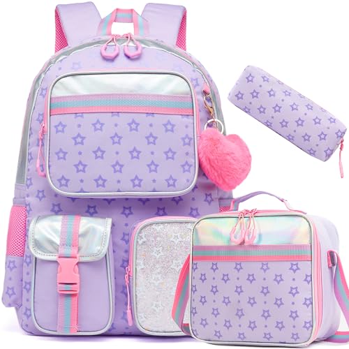 Meetbelify Aesthetic Backpack for Girls - School Backpack with Lunch Box for Elementary to Teen Girls, Cute School Bag, Purple - color: Star Purple 3pcs