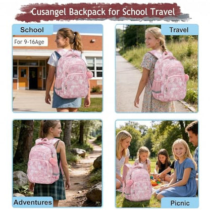 Cusangel Pink Girl School Backpack for Kids 6-12 ages, 16in Cute Bookbag Water Resistant, 7 Pockets, Adjustable Chest Strap, Reflective Strip, Large Bookbag For travel,Gifts,Summer Camps - color: Pink-17in