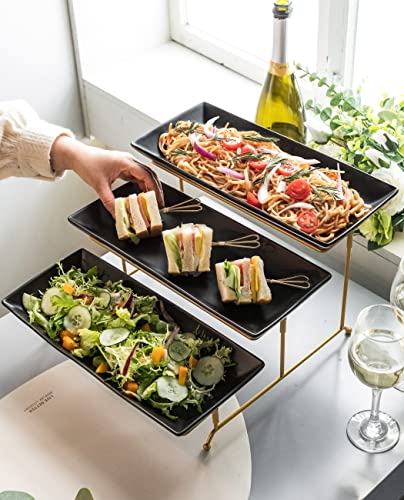 LYEOBOH 3 Tier Serving Tray Set, Tiered Serving Stand with Platters, Serving Dishes for Entertaining Halloween Christmas Party, Collapsible Sturdier Stand & 14 Inch Large Platters for Food Display - color: Black, style: 14inch Rectangle platter