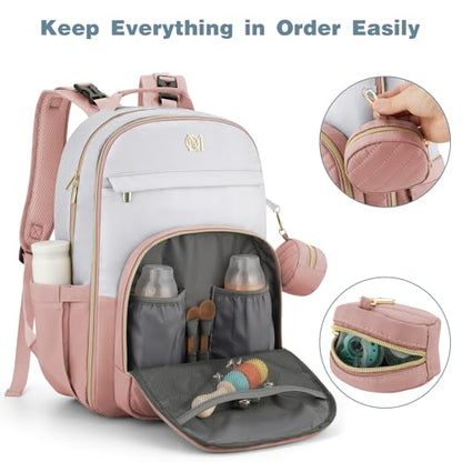 MOMUVO Diaper Bag Backpack, Quilted Baby Bag with Changing Pad & Stroller Straps & Pacifier Case, Large Travel Diaper Bags for Mom Dad, Pink Grey - color: Pink Grey