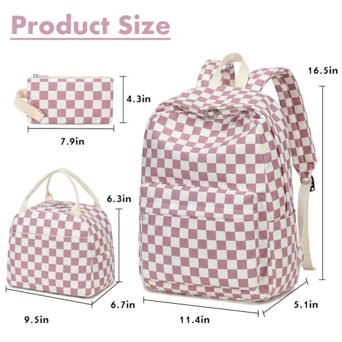 Bluboon School Backpack Set Girls Womens Laptop Bookbag Casual Daypack Fits 15 inch Laptop with Lunch Tote Bag and Pencil Bag - color: Grapes Purple White Checkered