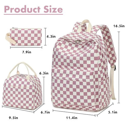 Bluboon School Backpack Set Girls Womens Laptop Bookbag Casual Daypack Fits 15 inch Laptop with Lunch Tote Bag and Pencil Bag - color: Grapes Purple White Checkered