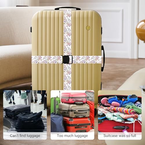 Luggage Straps for Suitcases, Travel Adjustable Belt with Quick Release Buckle, Heavy Duty Nylon Bag Packing Strap, Unique Bright Identifiers Business Travel Accessories (2 Pack) - Purple Flowers - color: Light Purple