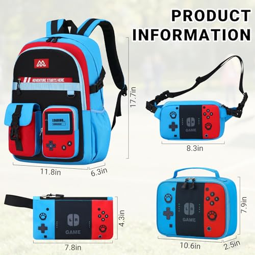 TILYTADLY School Backpack for Boys - 4PCS Gamer Boys Backpack with Lunch Box Set for Elementary Middle School - Students Bag for Ages 6-18,18″ Video Game Bookbag Travel Back Pack - color: Red-blue Backpack Set