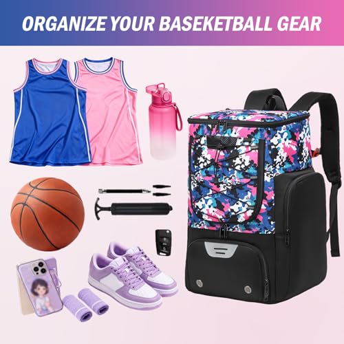 Basketball Backpack, Basketball Bag with Separate Ball Holder & Shoes Compartment Water Resistant Sports Bag Basketball Equipment Bags Fit Volleyball, Soccer, Swim, Gym, Travel, Camouflage (Small) - color: Pink-small