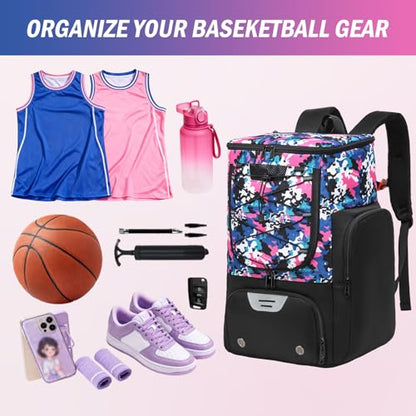 Basketball Backpack, Basketball Bag with Separate Ball Holder & Shoes Compartment Water Resistant Sports Bag Basketball Equipment Bags Fit Volleyball, Soccer, Swim, Gym, Travel, Camouflage (Small) - color: Pink-small