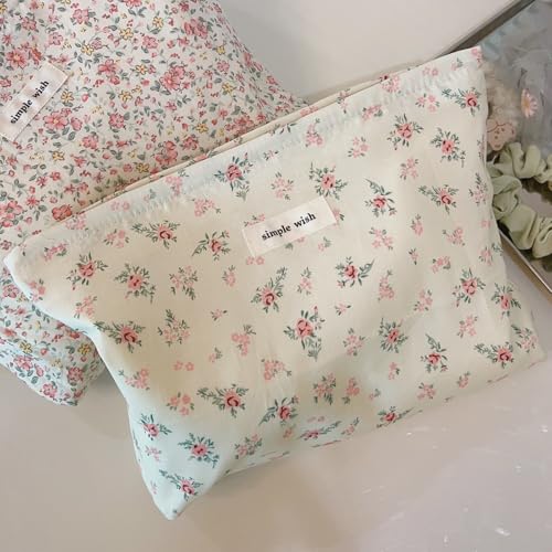 Wudygirl Flower Makeup Bag Cosmetic Bag for Women and Girls Large Capacity Makeup Pouch Aesthetic Cute Makeup Bag Canvas Toiletry Bag Pencil Pouch with Zipper (Beige and Small Floral) - color: Beige Floral