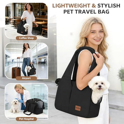 Dog Purse Carrier for Small Dogs and Cats, Soft-Sided Pet Tote Bag with 6 Large Pockets, Collapsible Travel Puppy Carrier, Fits Pets up to 16 lbs (Black, 17.5" L x 8" W x 12" H) - color: Black, size: 17.5"L x 8.0"W x 12.0"H