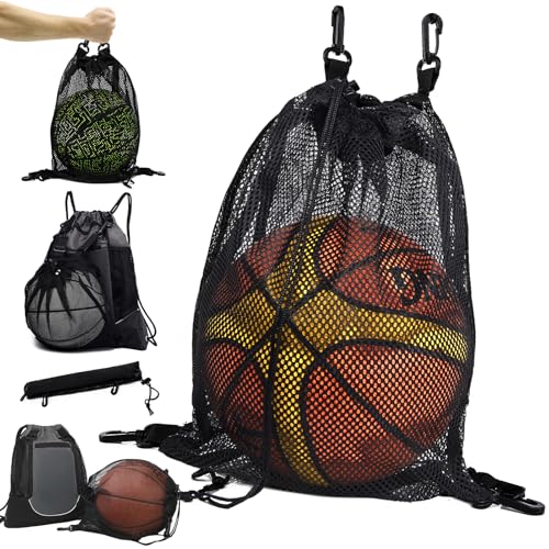 STAY GENT Drawstring Basketball Backpack for Boys, Foldable Soccer Backpack Gym Bag Sackpack Sports Sack with Detachable Ball Mesh Bag for Volleyball Baseball Yoga - color: Coal Black