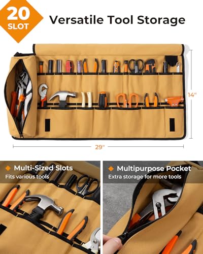 Foxrino Tool Roll, Heavy Duty Tool Roll Bag Organizer, Roll Up Tool Pouch with 20 + 1 Pocket, Gifts for Men Father Dad Mechanic, Brown - color: Brown