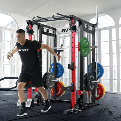 RitFit Buffalo Smith Machine, Power cage with LAT-Pull Down System & Cable Crossover System, All-in-One Squat Rack for Home Gym, Power Rack - color: RED, size: Buffalo