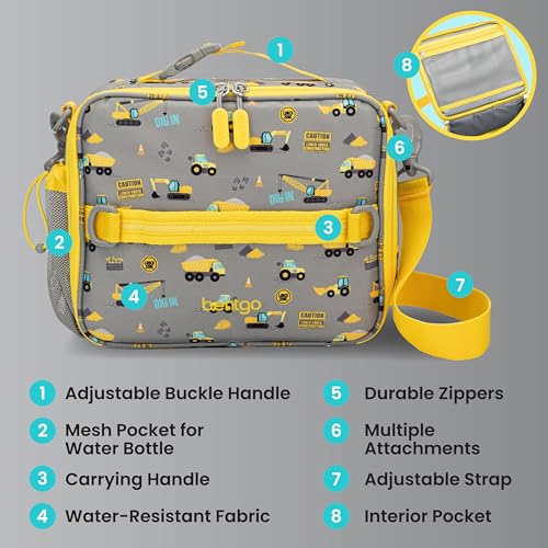 Bentgo Kids Lunch Bag - Durable, Double-Insulated Lunch Bag for Kids 3+; Holds Lunch Box, Water Bottle, & Snacks; Easy-Clean Water-Resistant Fabric & Multiple Zippered Pockets (Construction Trucks) - color: Construction Trucks