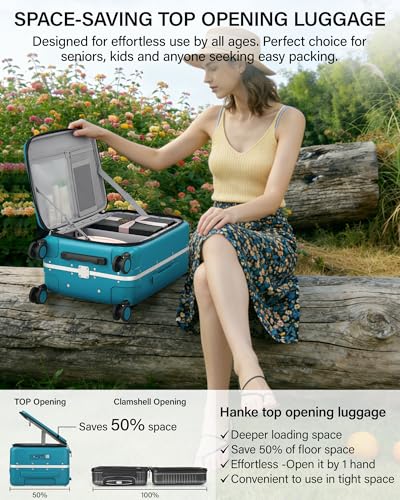 Hanke 20 Inch Top Opening Carry On Luggage with Cup Holder, Hard Shell Suitcase with Spinner Wheels, USB Ports, TSA Lock Aluminum Frame, Dry Wet Separation & Removable Divider, Caribbean Blue - color: Caribbean Blue, size: 20 Inch Pro