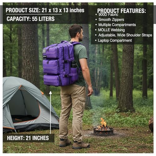 Military Tactical Backpack 55L for Men & Women Bug Out Bag Assault pack Molle Daypack Hiking Trekking Rucksack (Purple) - color: Purple