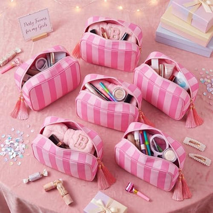 Kacctyen 6 Pack Bright Pink and Candy Pink Striped Makeup Bag bulk with Tassel Travel Cosmetic Pouch Organizer Large Zipper Toiletry Case for Women Aesthetic Storage Pouch Mahjong Tile Bag - color: Bright Pink and Candy Pink