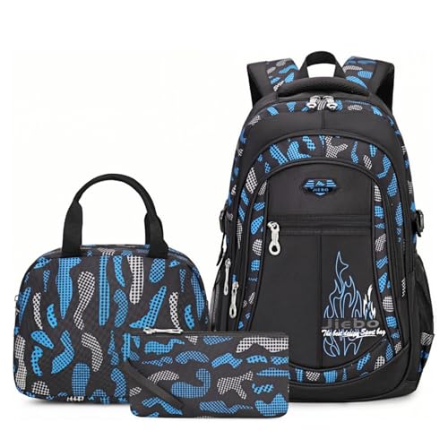 Bansusu 3Pcs Boys Backpack for Kids School Bag with Lunch Bag, Primary Middle School Backpack for Boys Bookbags - color: Style B-3pcs-blue